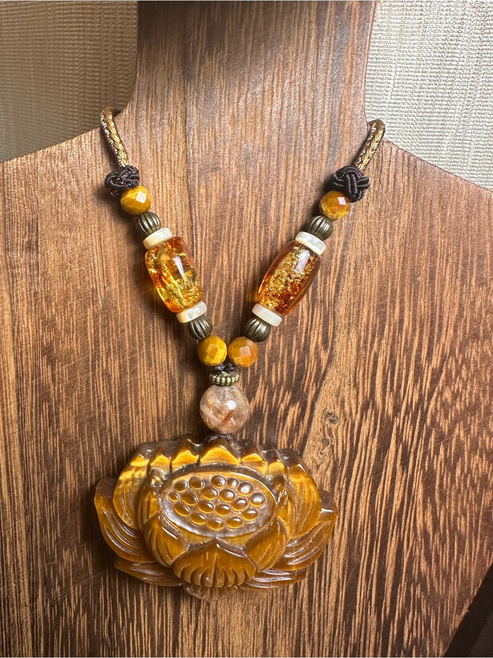 Tiger’s Eye Lotus Pendant Necklace with Golden Rutile and Amber on Rope - Picture 15 of 16